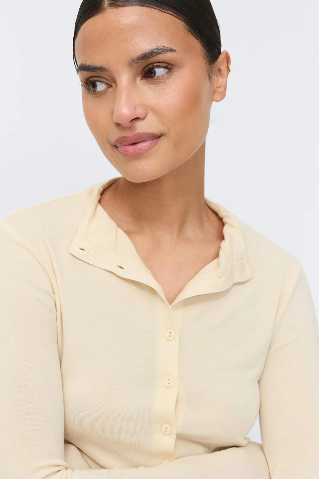 Button down funnel neck top