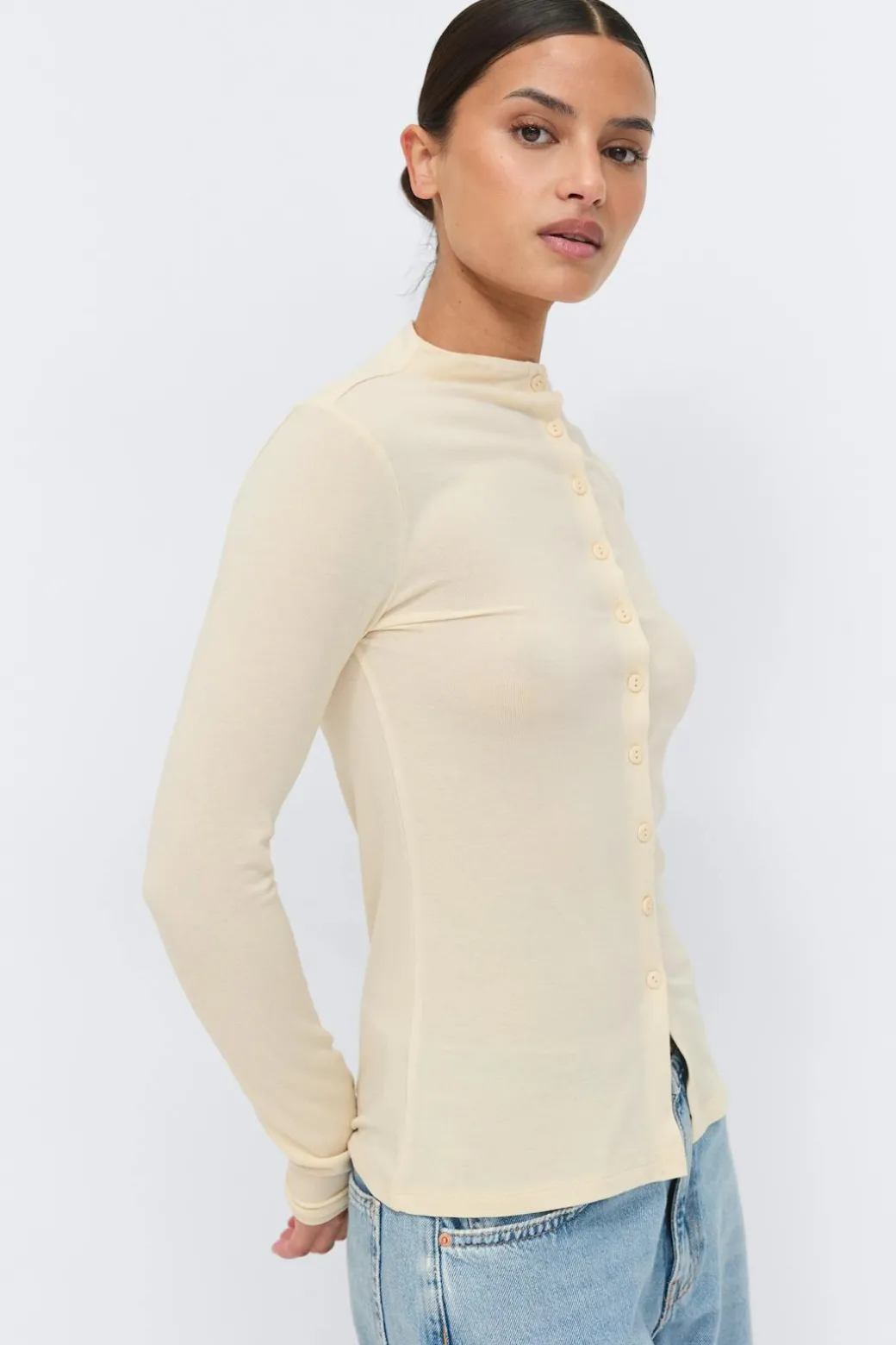 Button down funnel neck top