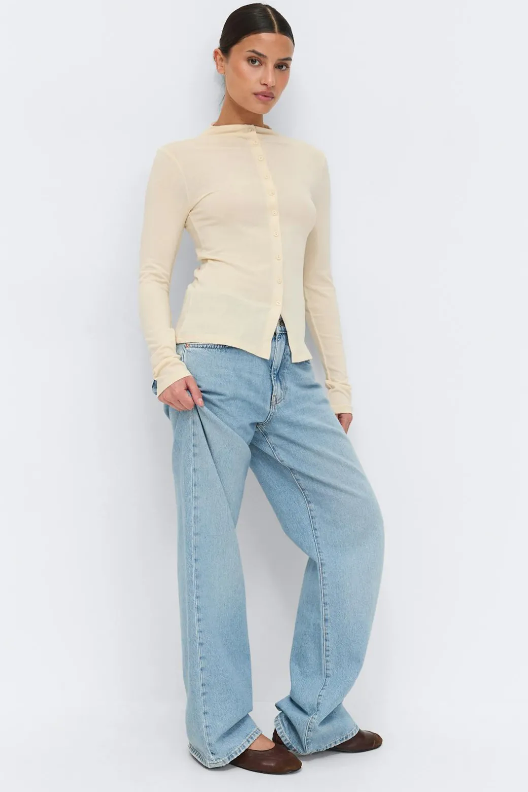 Button down funnel neck top