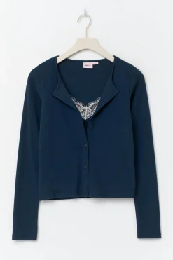 14+ 2 in 1 lace rib cardigan